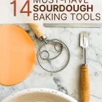 sourdough baking tools laid out on a counter