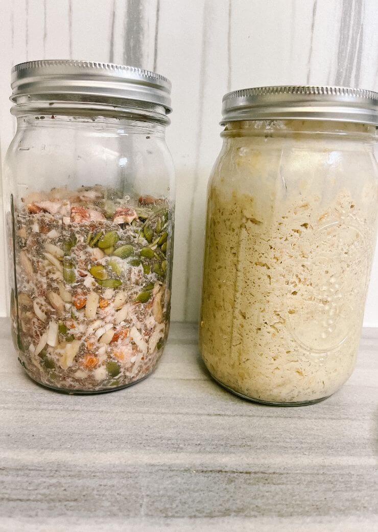 jar of sourdough discard and oats fermenting next to a jar of nuts and seeds soaking.