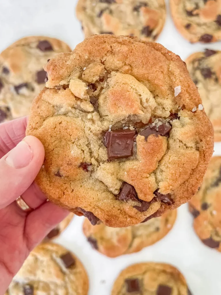 hand holding a sourdough chocolate chip cookie