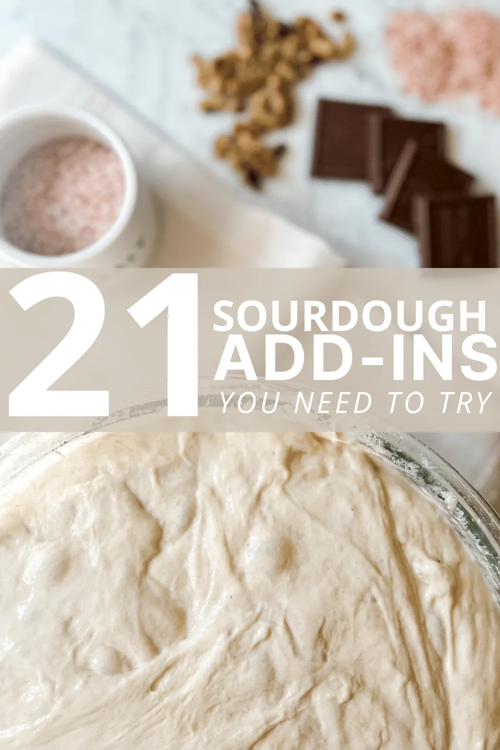 picture of sourdough bread dough with chocolate squares, pink salt, and walnuts 