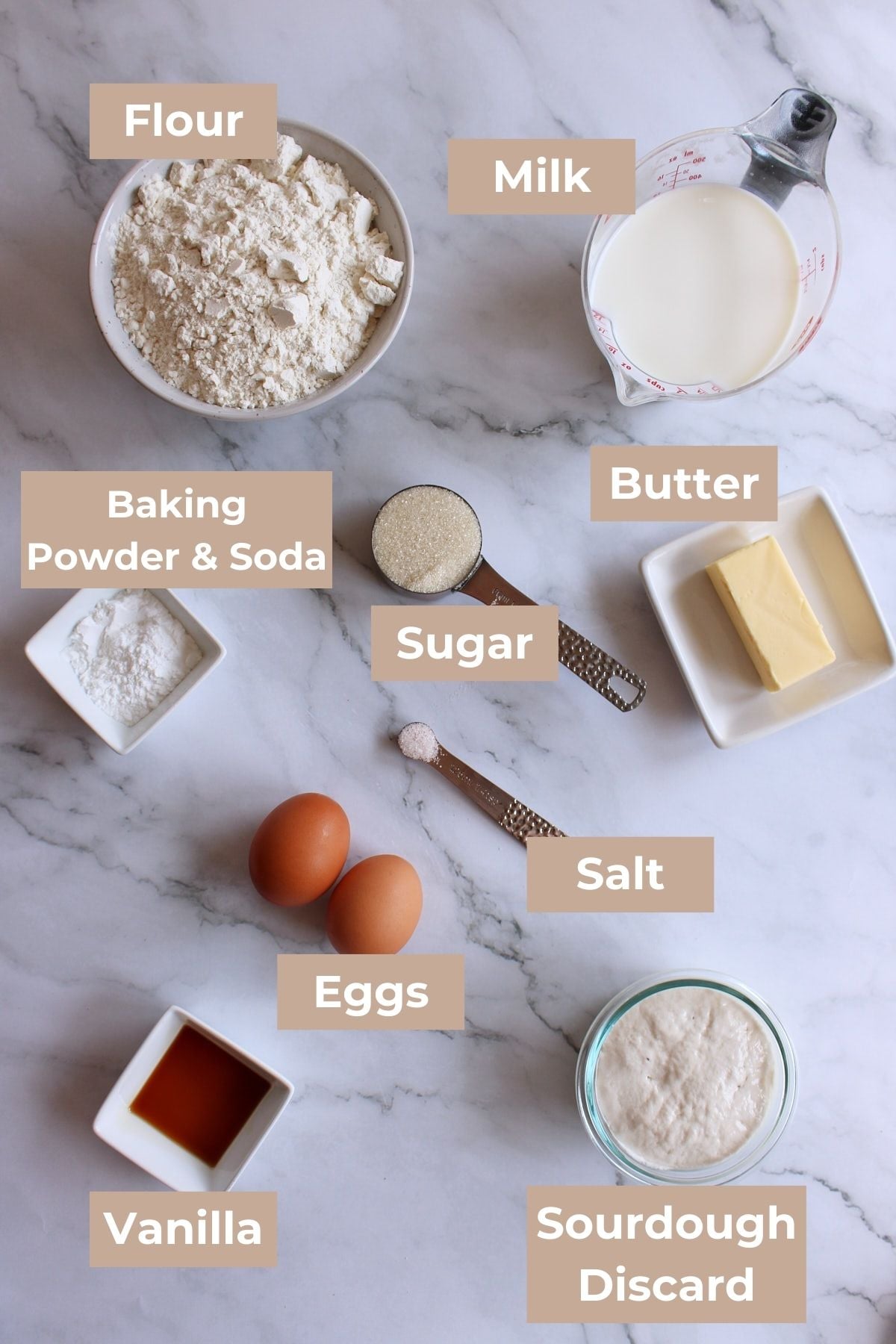 Ingredients for Sourdough Discard Pancakes on a white background.