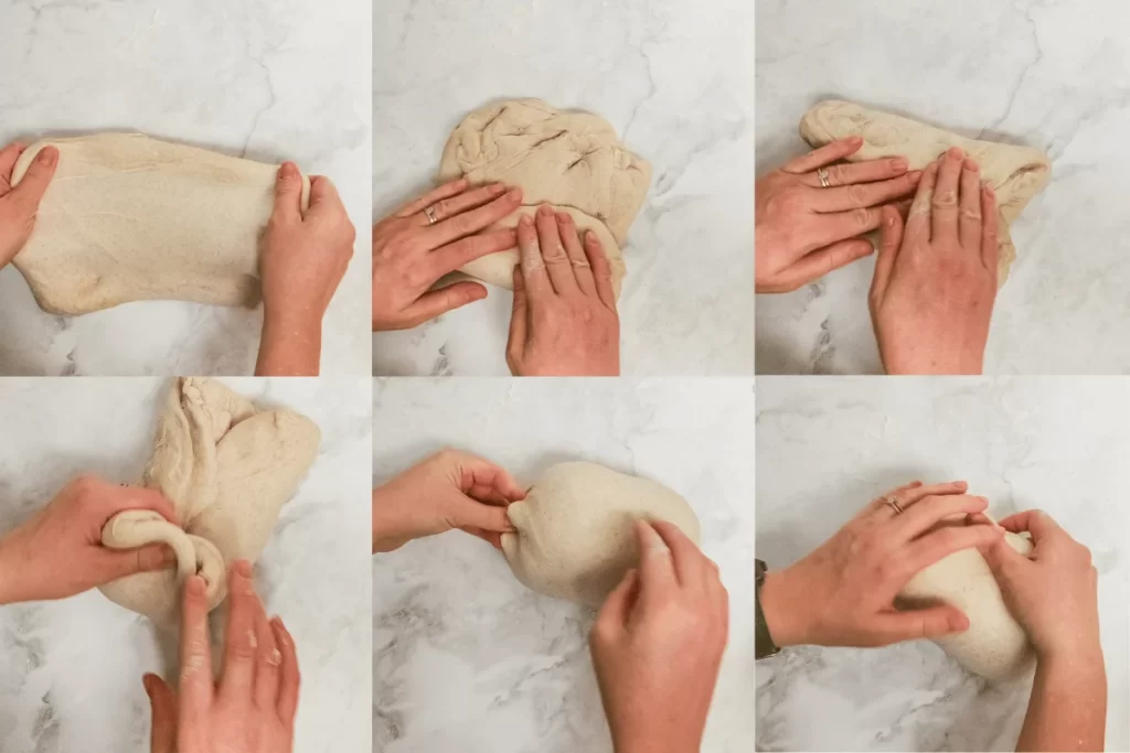 6 steps of shaping a loaf of sourdough sandwich bread