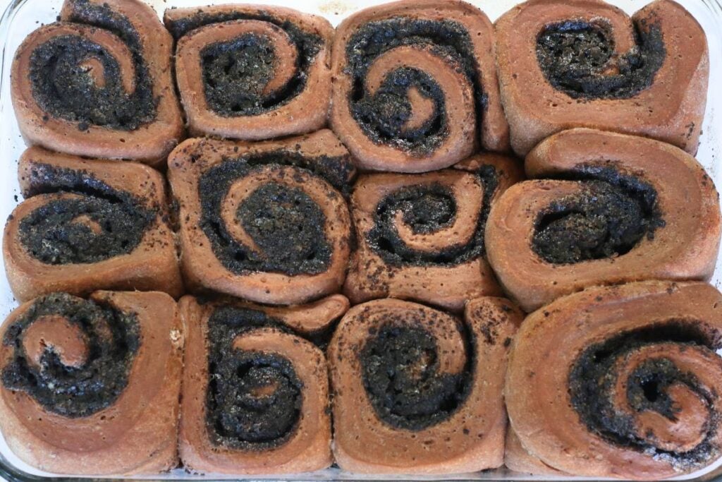 sourdough chocolate rolls in a pan
