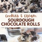 close up of cookies and cream chocolate rolls in a pan and then a picture of a chocolate roll on a plate