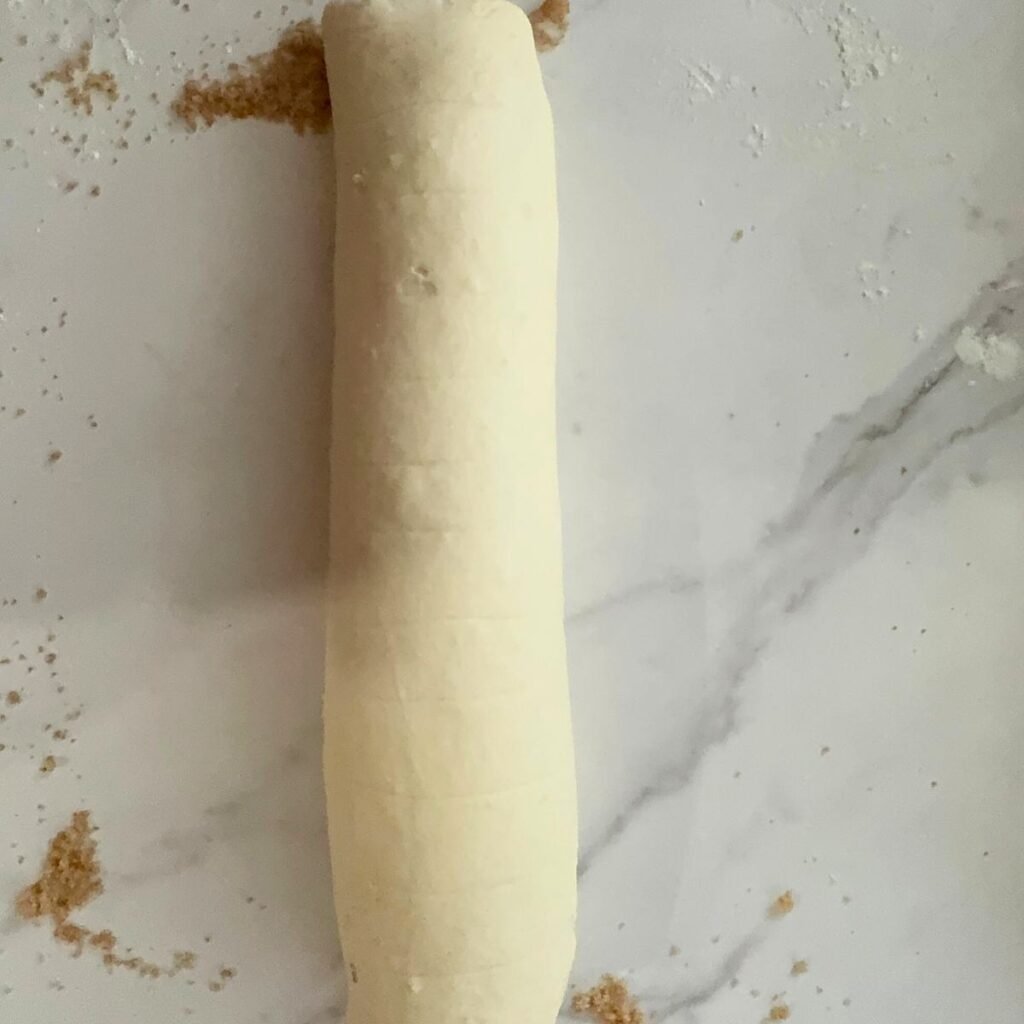 Sourdough cinnamon roll dough rolled up into a tight log.