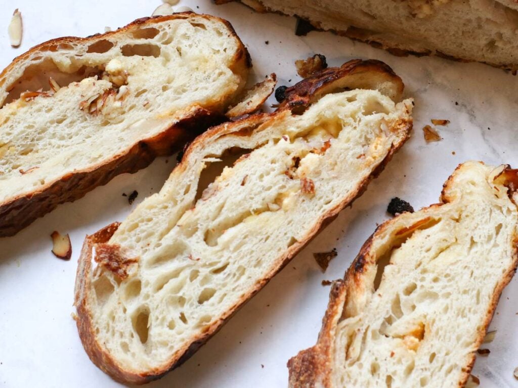 three slices of white chocolate sourdough bread