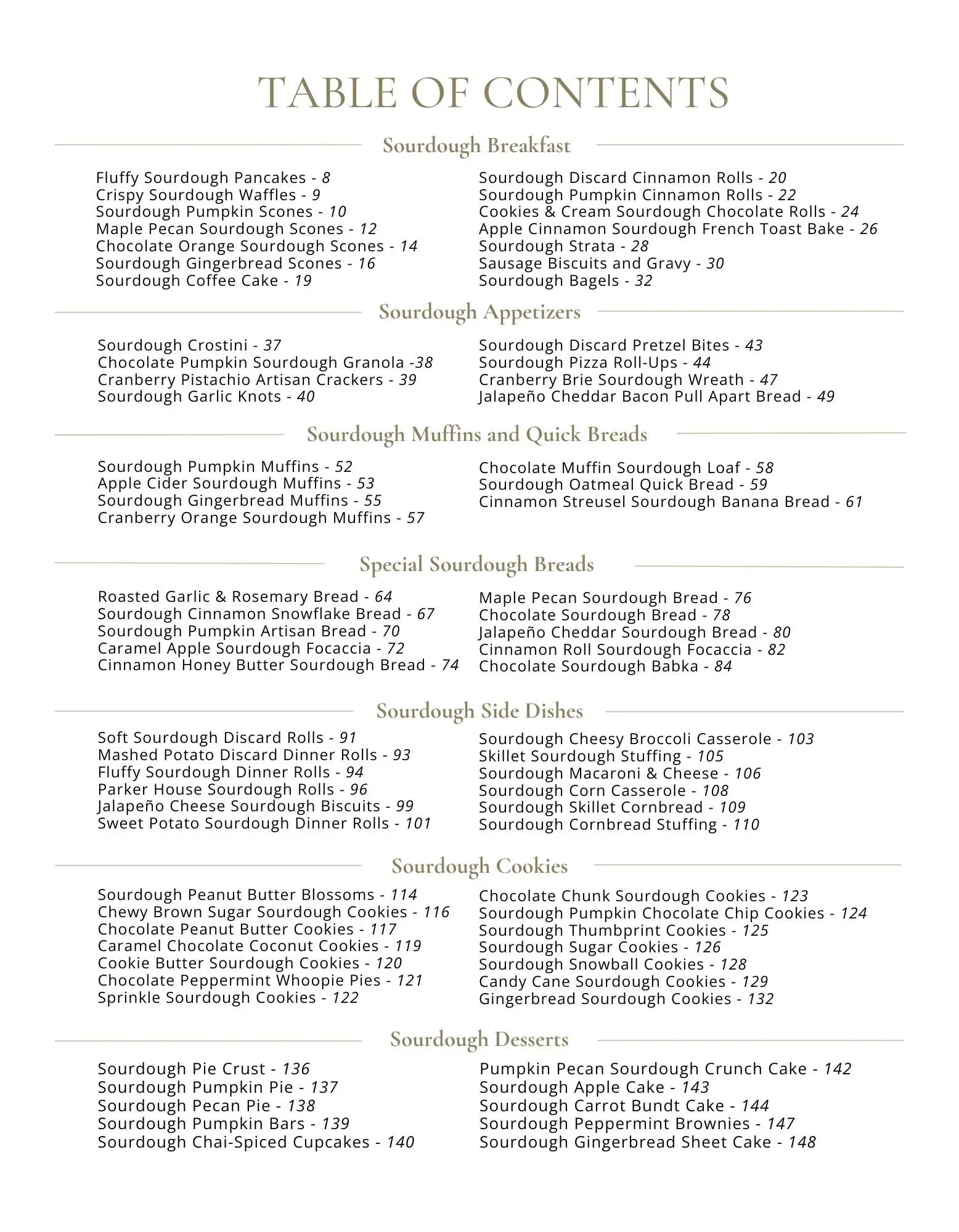 table of contents for sourdough cookbook