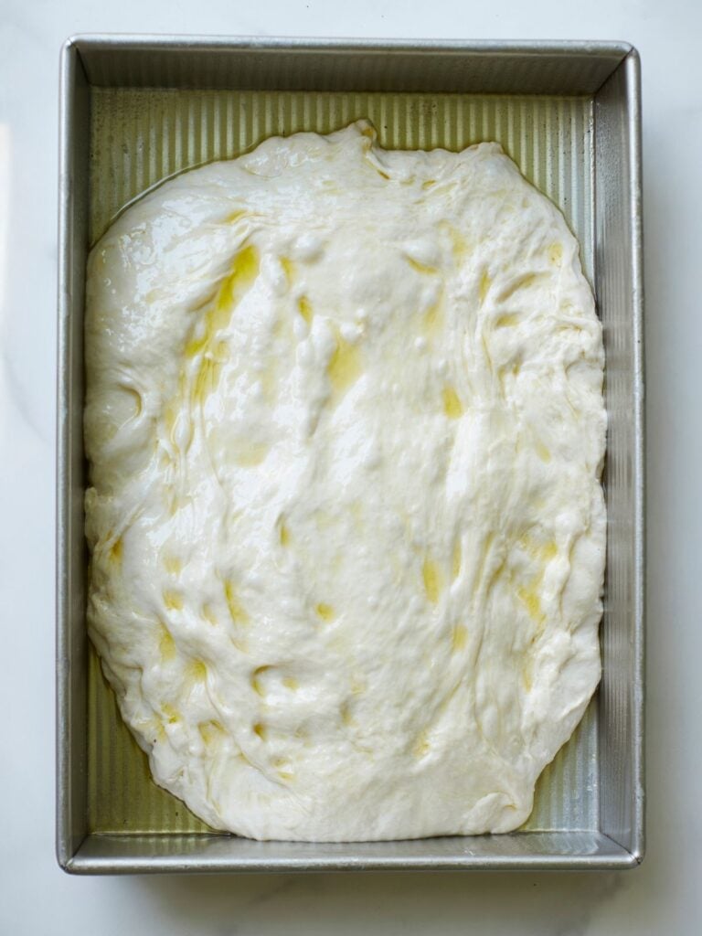 Dough for sourdough focaccia added to a metal 9x13 pan with olive oil.