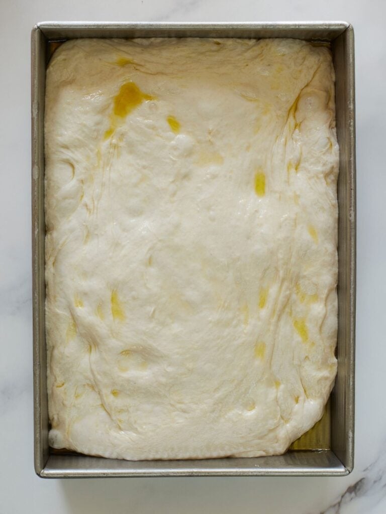 Sourdough focaccia dough in 9x13 pan after the second rise.