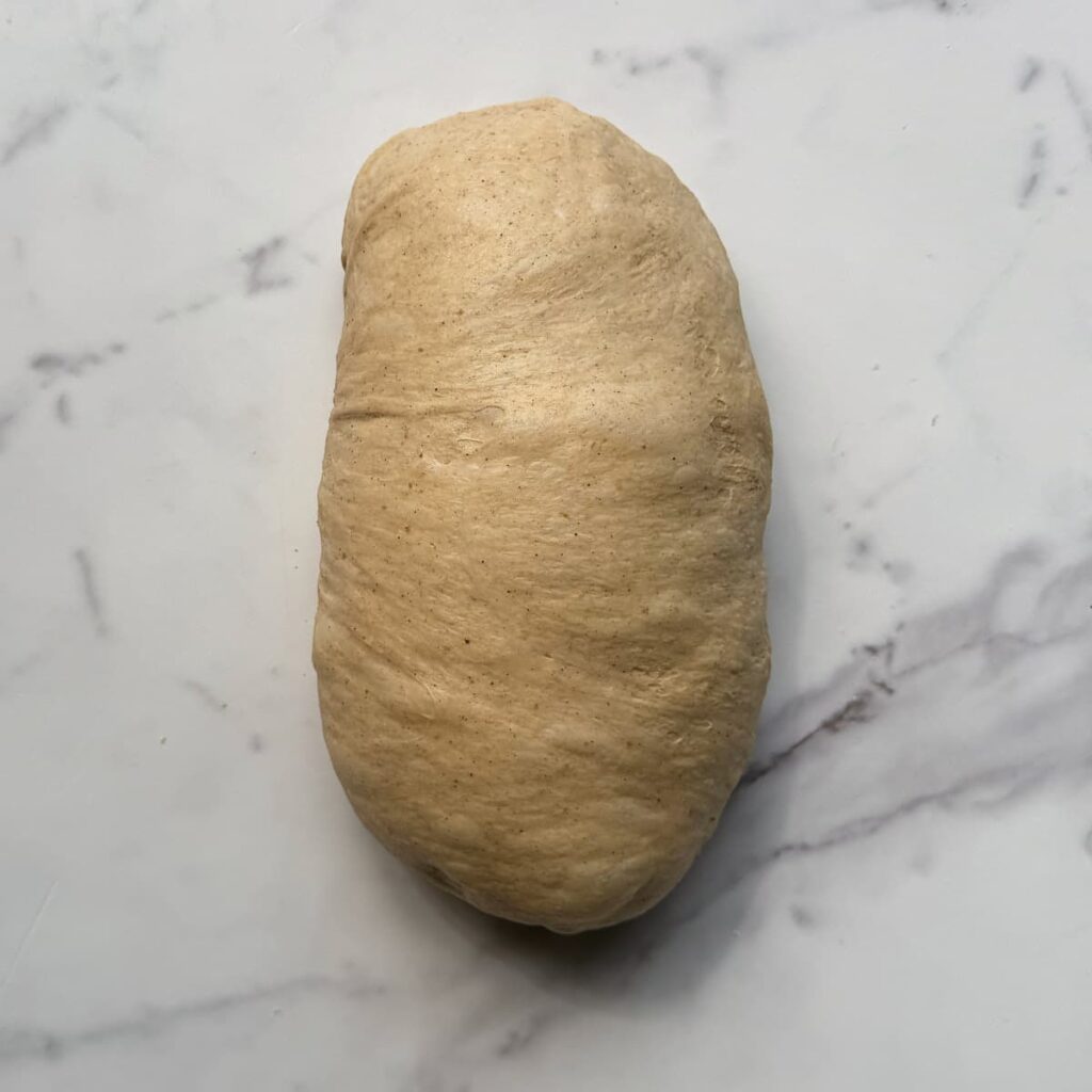 Sourdough pumpkin bread dough shaped in a oval shape.