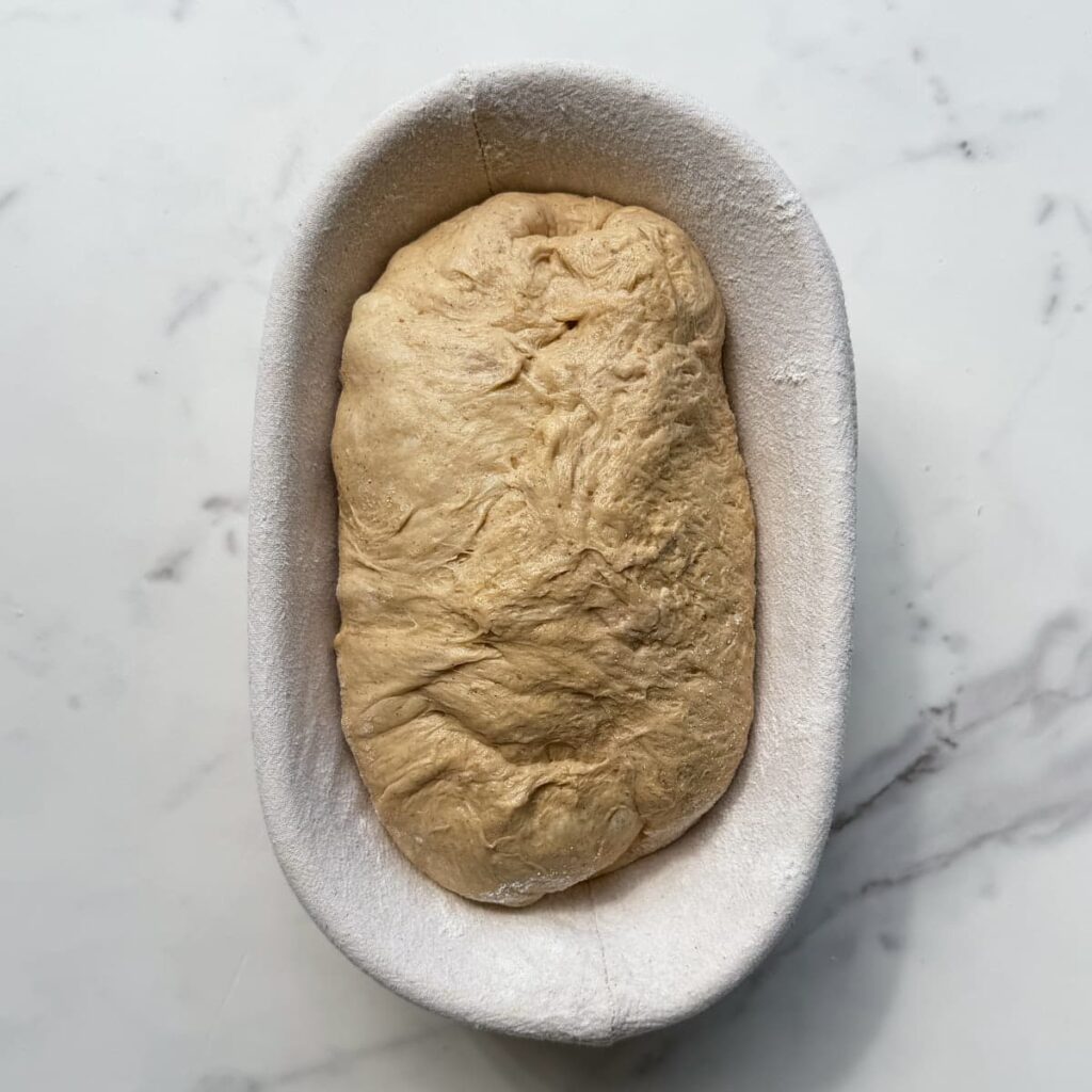 sourdough pumpkin bread in a batard proofing basket.
