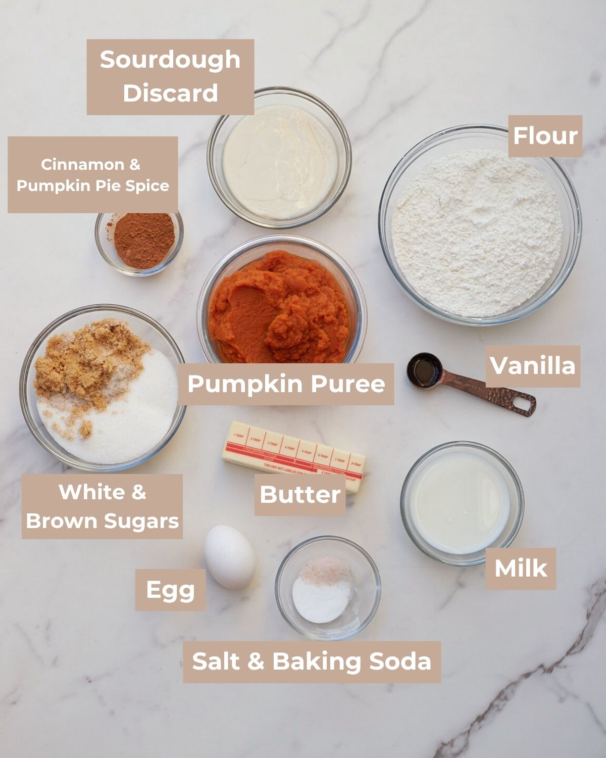 Ingredients for sourdough pumpkin quick bread.