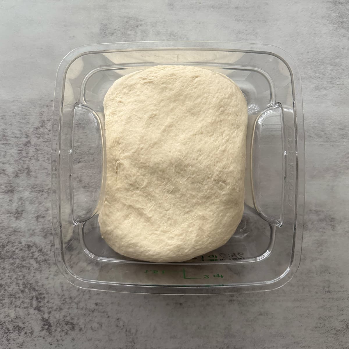 Sourdough discard french bread dough in a clear straight edge container before rising. The container is on a marbled surface.