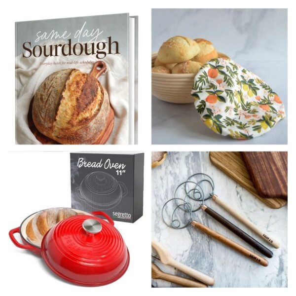 Gifts for sourdough bakers with a cookbook, bread oven, covers, and dough whisks.