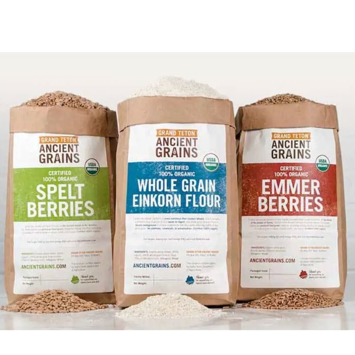 Grains for milling in brown bags from ancient grains. 