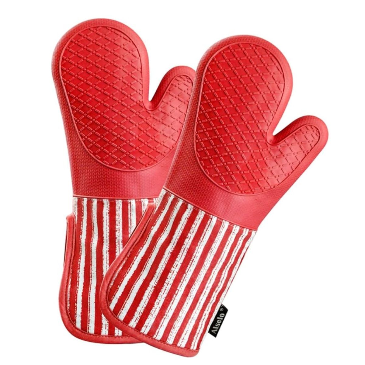 Red oven mitts with red and white stripes on the bottom half. 
