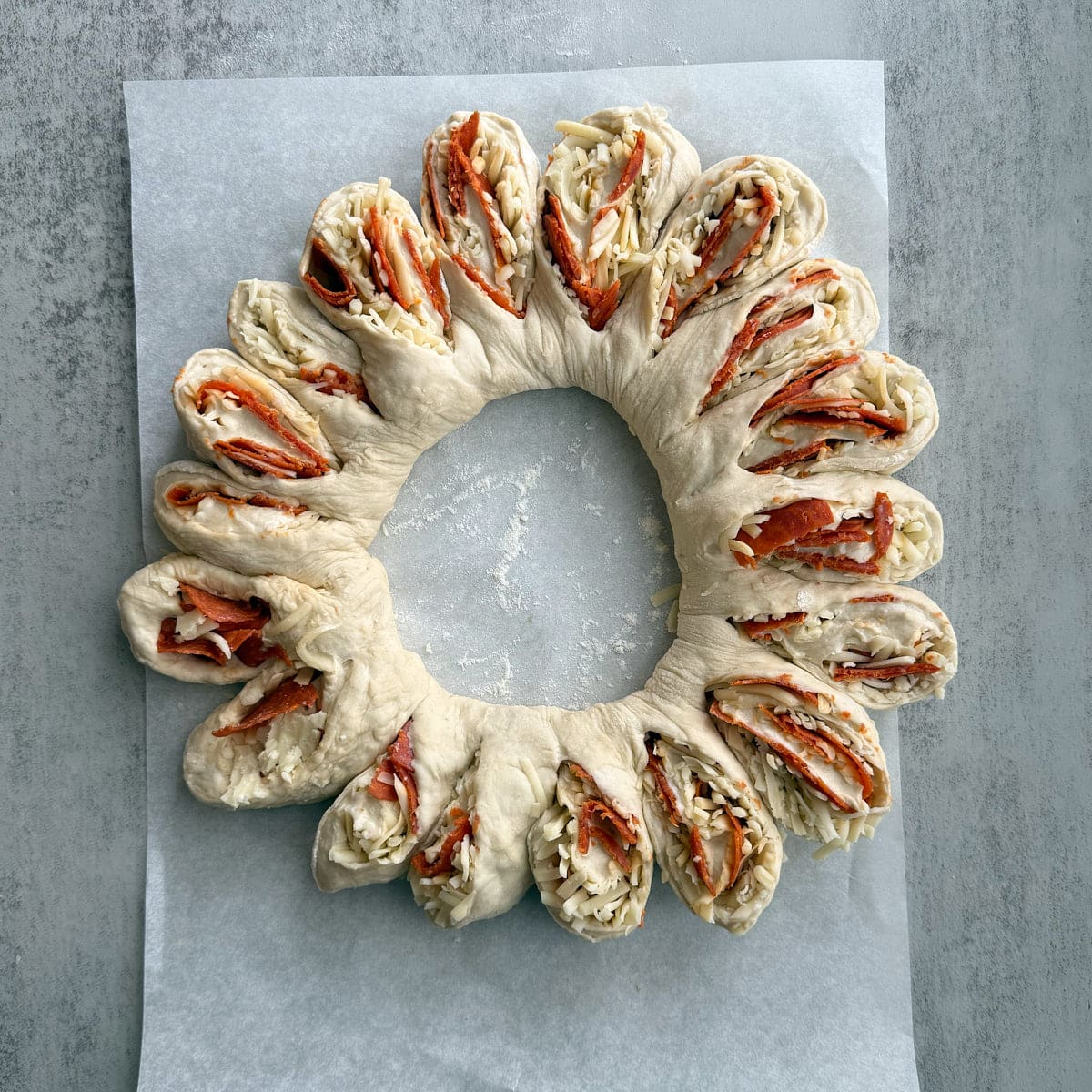 Final shape for the sourdough pizza wreath.