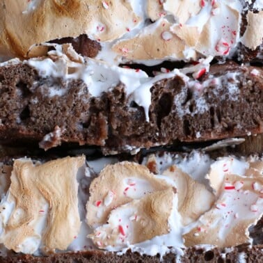 Sliced Hot Chocolate Sourdough Focaccia with toasted marshmallow fluff on top.