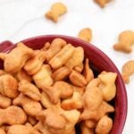 Red bowl full of Sourdough goldfish