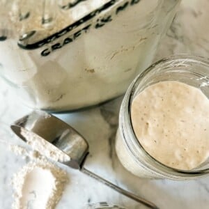 a small jar filled with sourdough starter next to a jar of flour and small measuring cup.