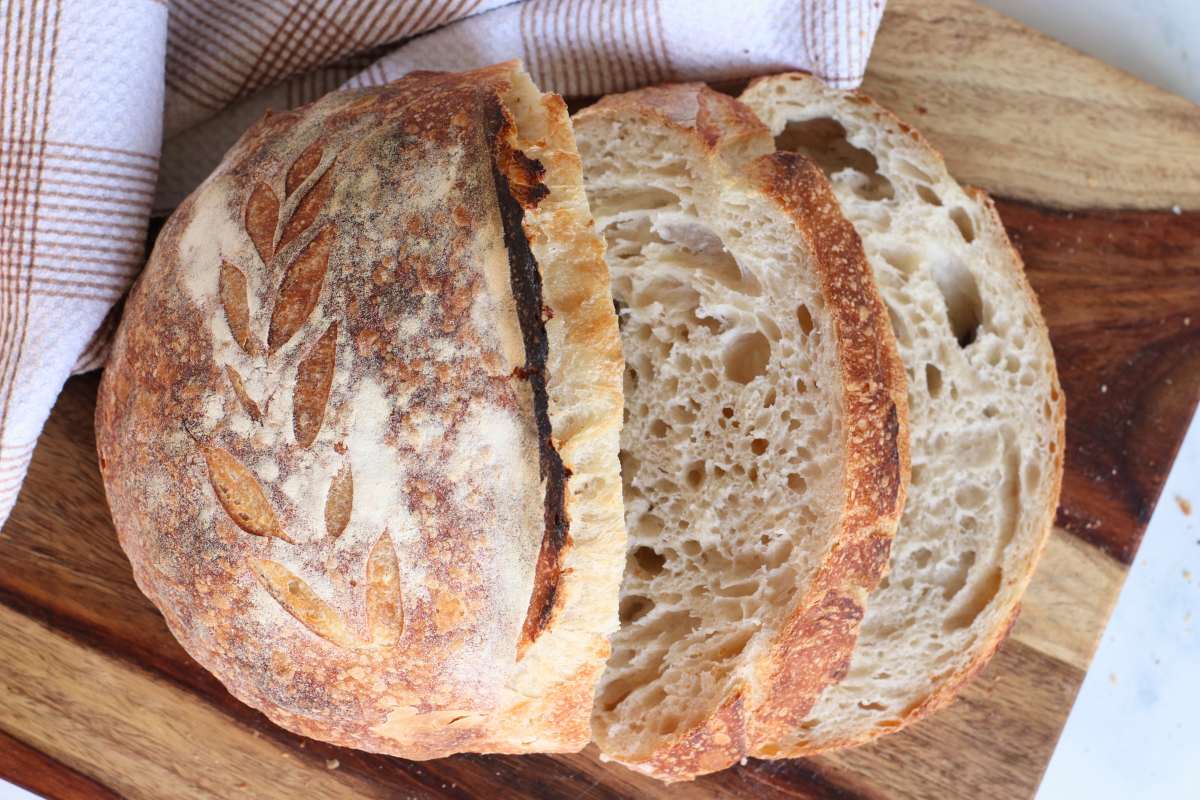 sliced loaf of same day sourdough bread