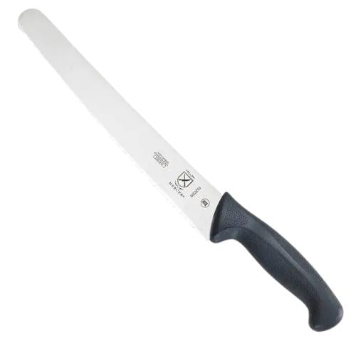 Mercer bread knife with a black handle on a white background. 