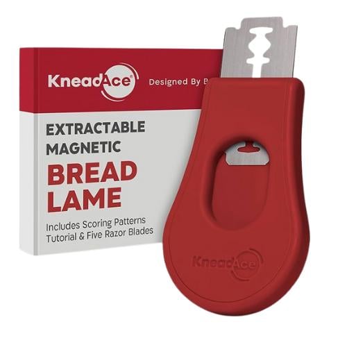 Red magnetic bread lame on a white background. 