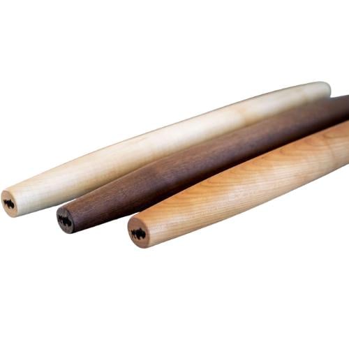 3 rolling pins with different wood grains on a white background. 