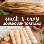 2 pictures one with a stack of tortillas and the other with rolled tortillas in a line.