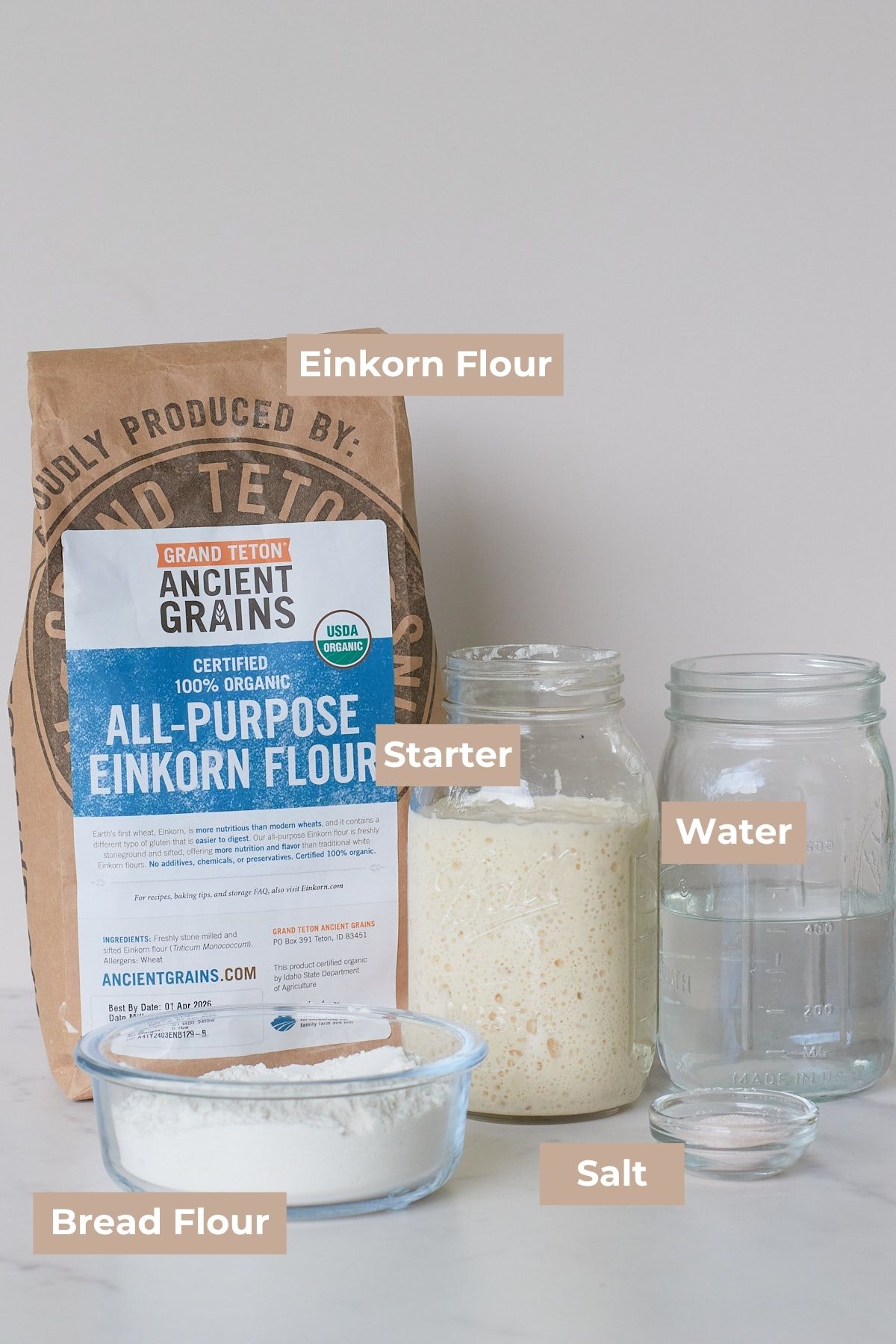 Ingredients to make Einkorn Sourdough Bread.