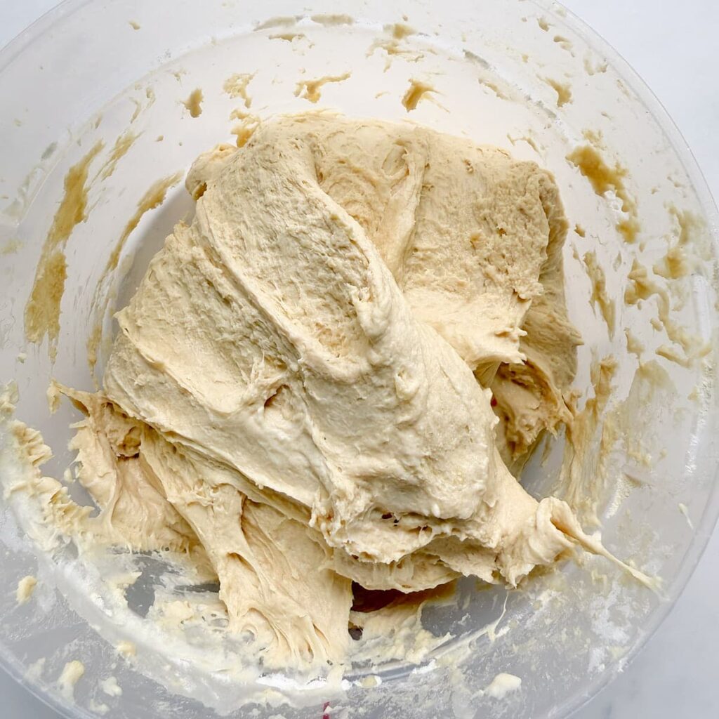 Dough for einkorn sourdough bread after stretch and folds.