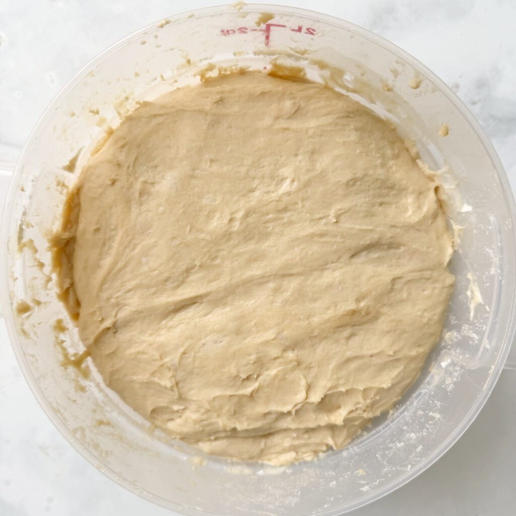Einkorn sourdough bread dough after first rise.