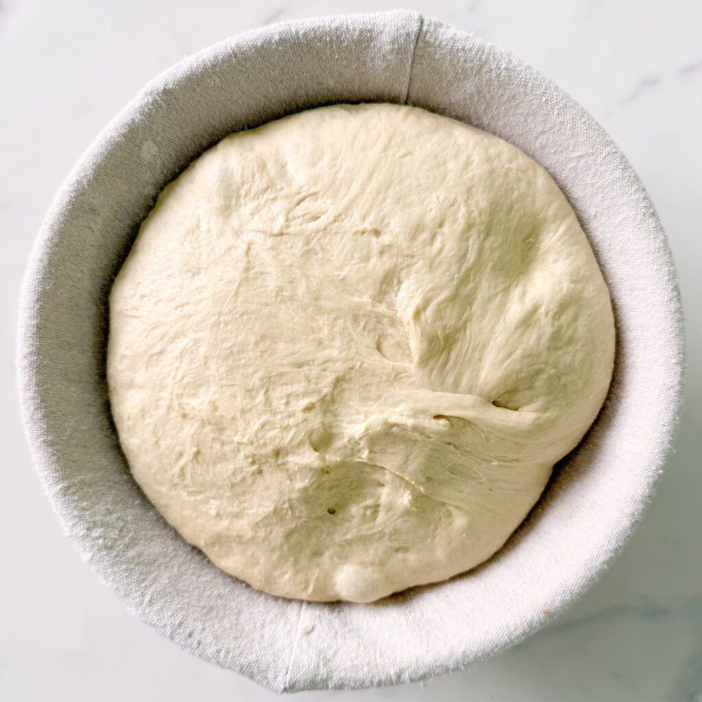 Dough in a proofing basket after second rise.
