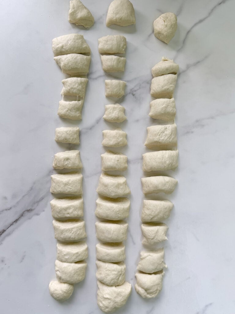Dough for Sourdough Pretzel Bites cut into small pieces.