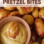 Sourdough Pretzel Bites with a small bowl of mustard and one pretzel bite dipped inside.