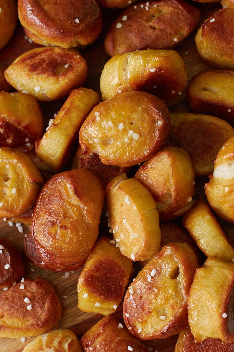 Sourdough Pretzel Bites on a wooden board.