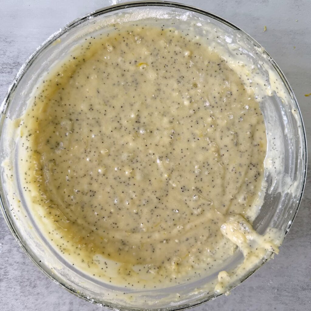 Dry ingredients added to wet ingredients for Lemon Poppyseed Sourdough Muffins in a clear bowl.