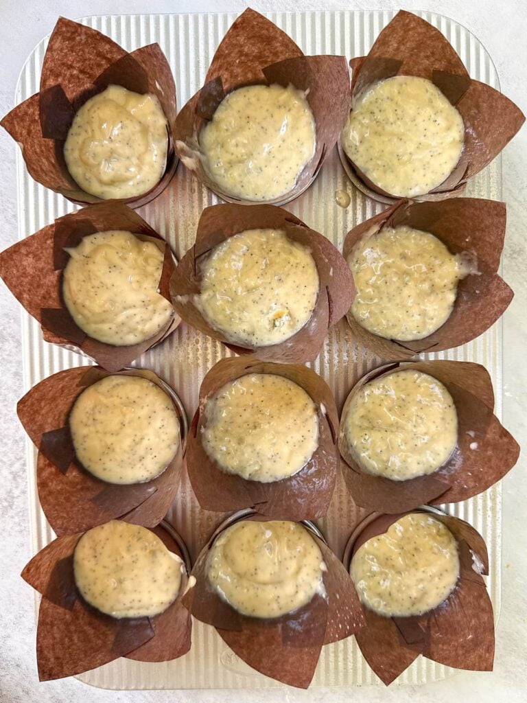 Batter added to muffin pan with liner for Lemon Poppyseed Sourdough Muffins.