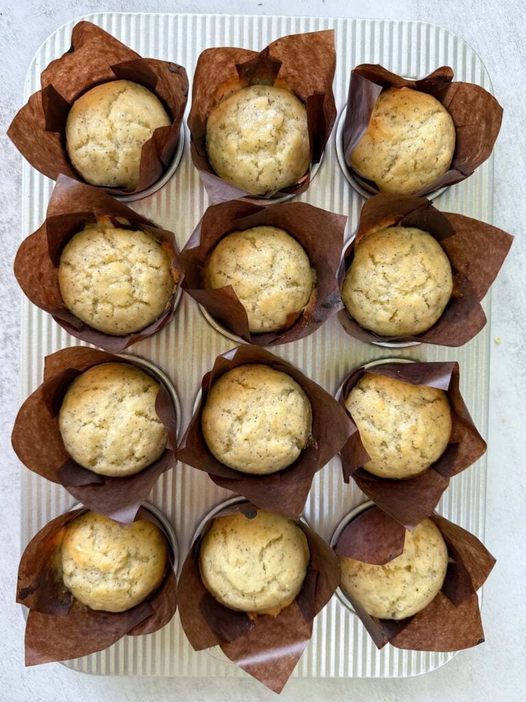 Freshly baked Lemon Poppyseed Sourdough Muffins in a muffin pan.