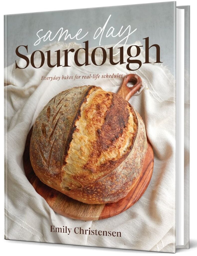 Same Day Sourdough cookbook cover with a loaf of sourdough bread