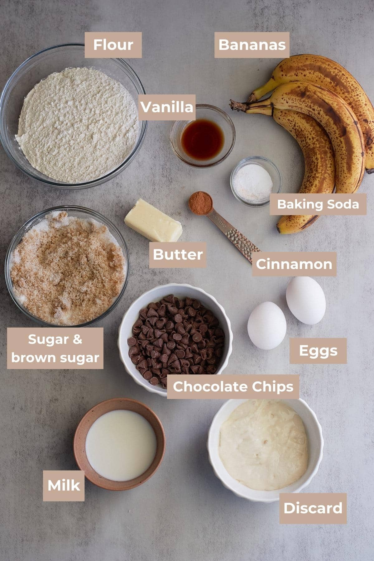 Ingredients for Sourdough Banana Bread on a grey background.