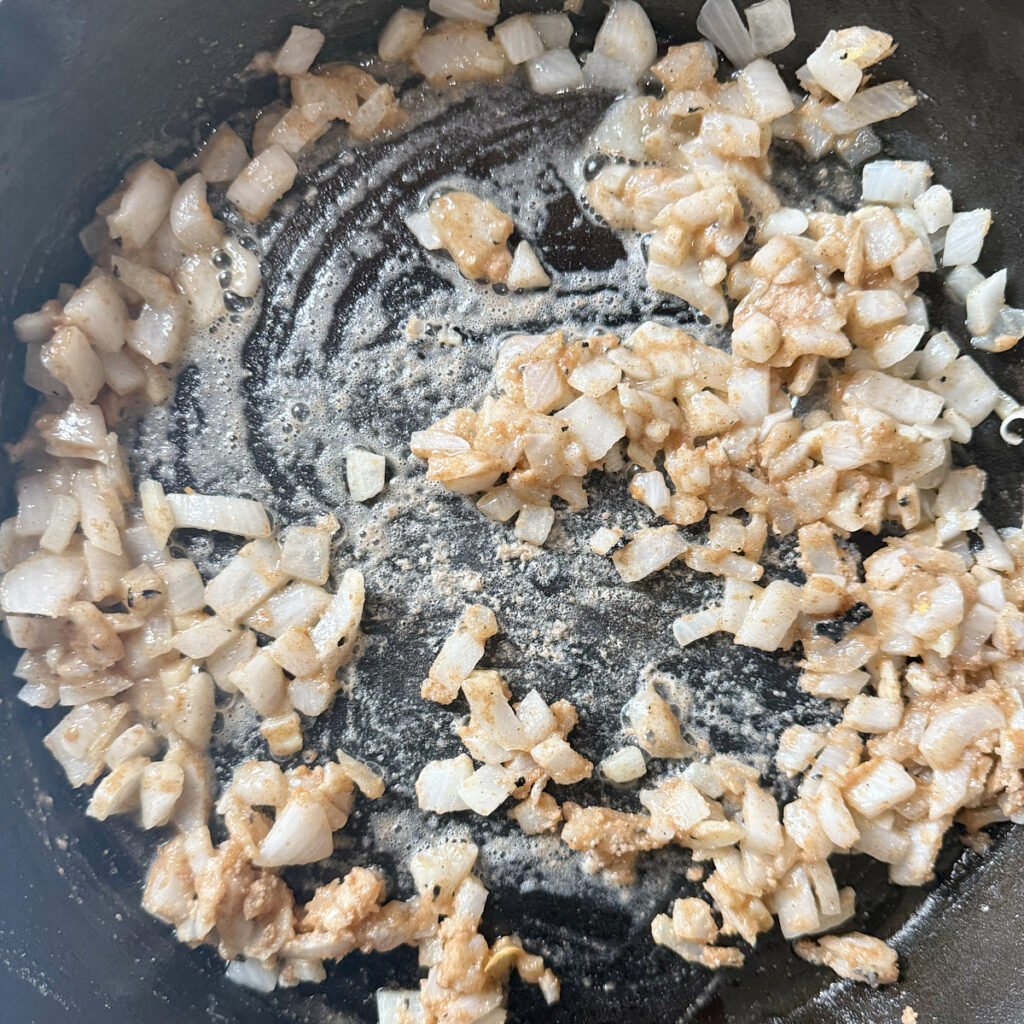 Softened onions with flour added to thicken the chicken pot pie base.