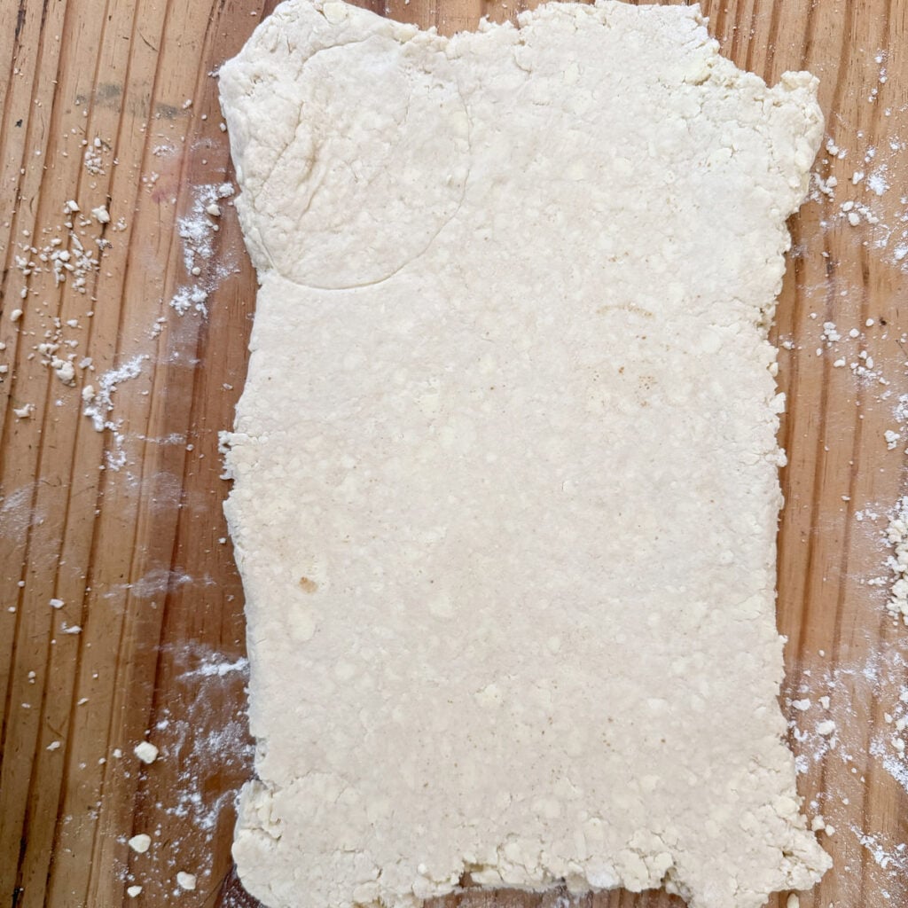 Dough for sourdough biscuits rolled out before cutting.