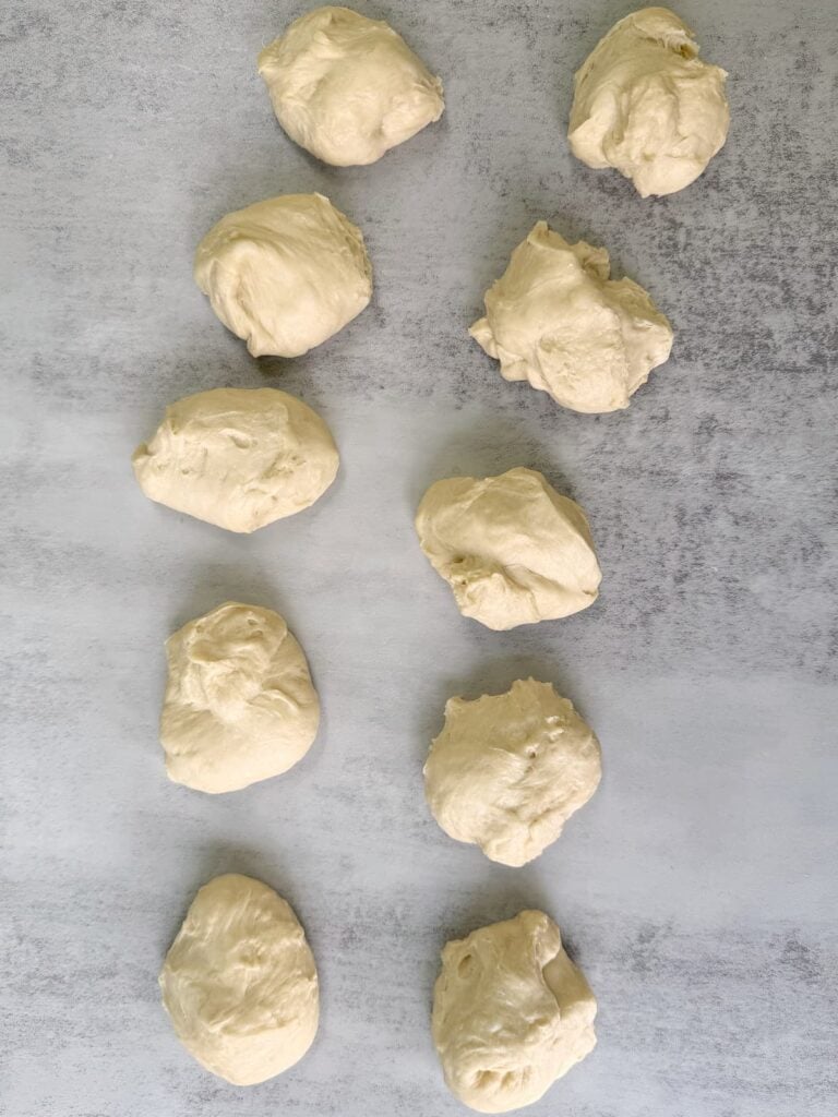 Sourdough hot dog bun divided into 10 sections.