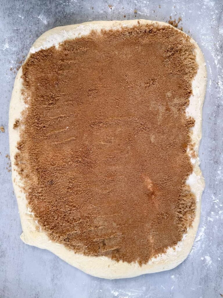 Cinnamon roll dough rolled into a rectangle with a layer of butter, sugar, and cinnamon.