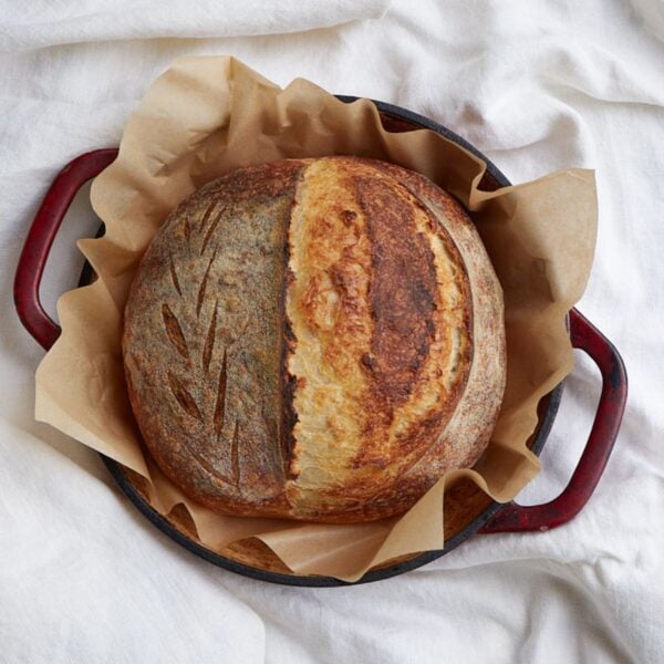 Freshly baked same day sourdough bread on parchment paper in a red bread oven.