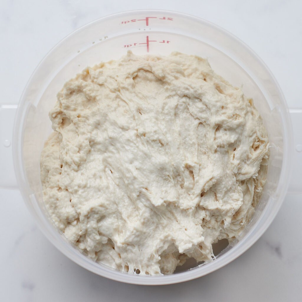 shaggy dough for same day sourdough bread in a 2 quart container.