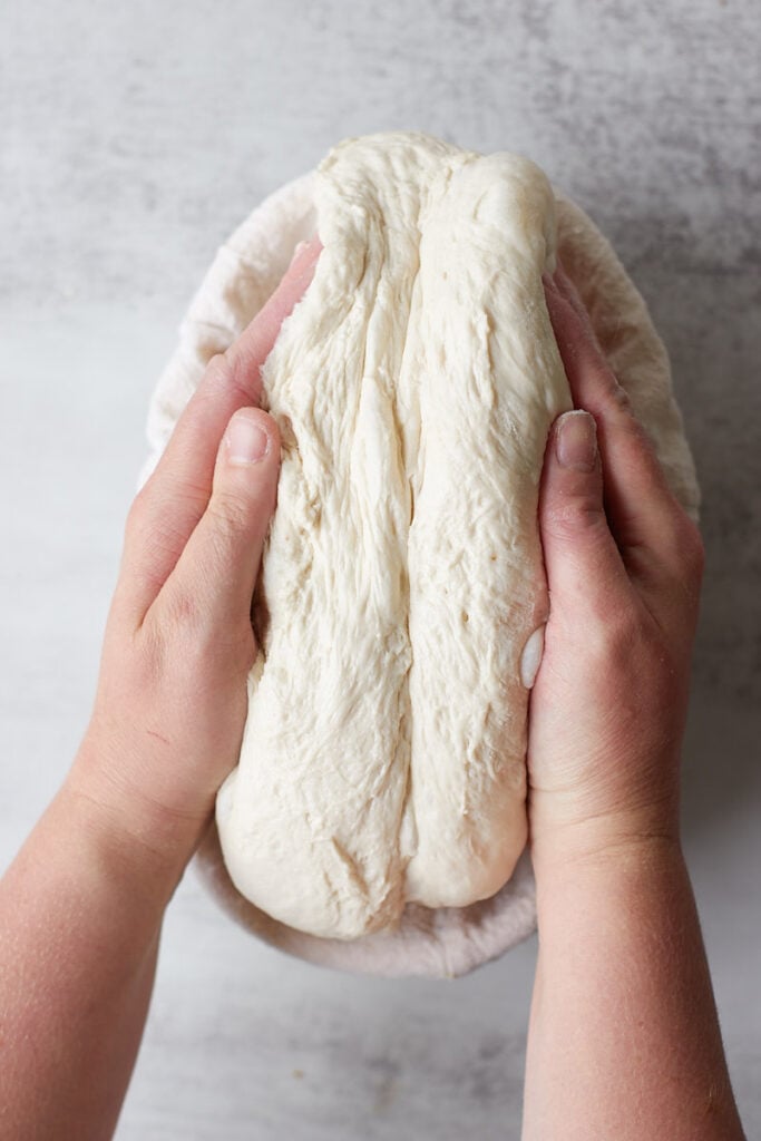 Adding sourdough bread dough to a proofing basket.