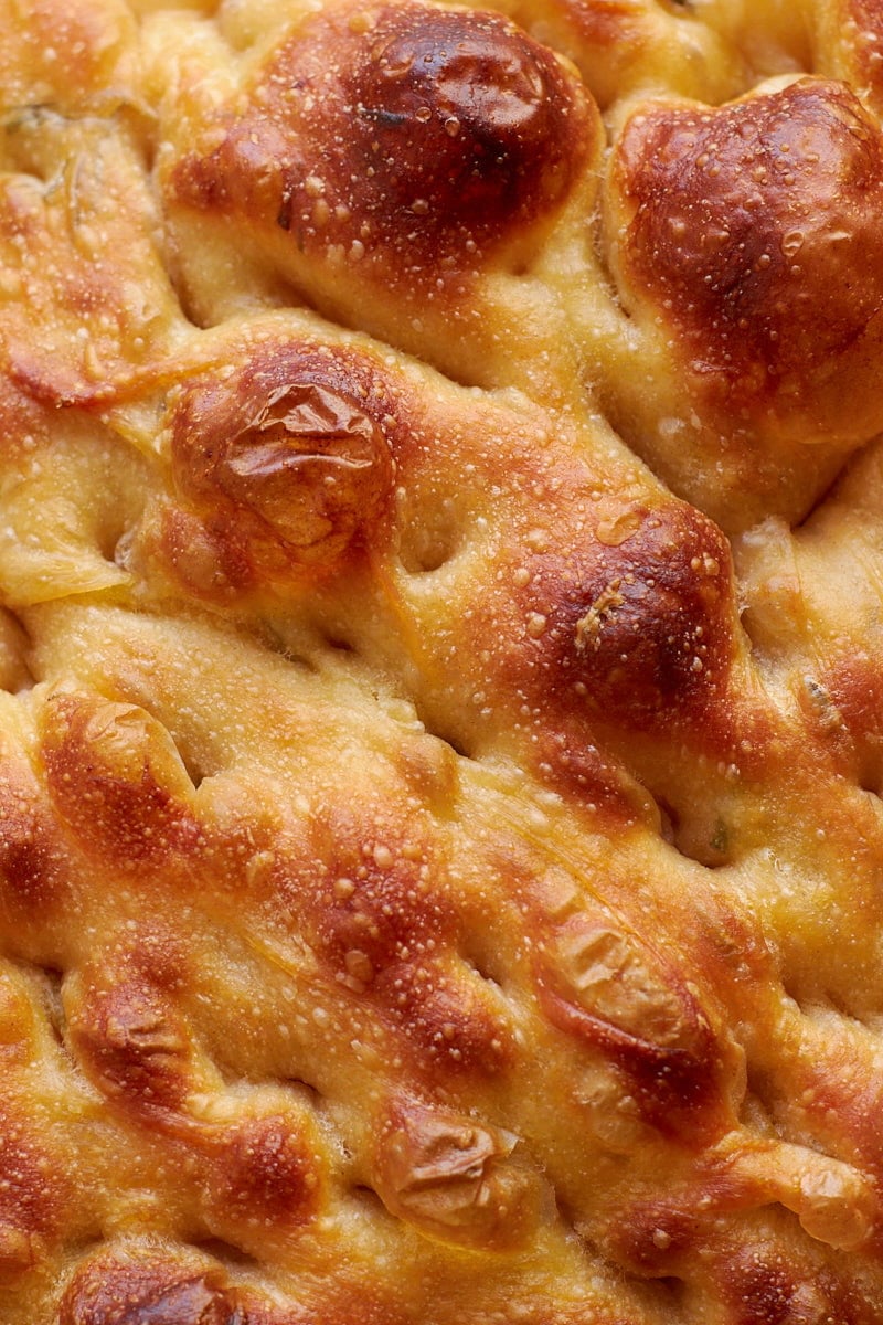 Close up on freshly baked sourdough focaccia.