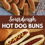 Hot dog with ketchup and mustard on a sourdough bun.